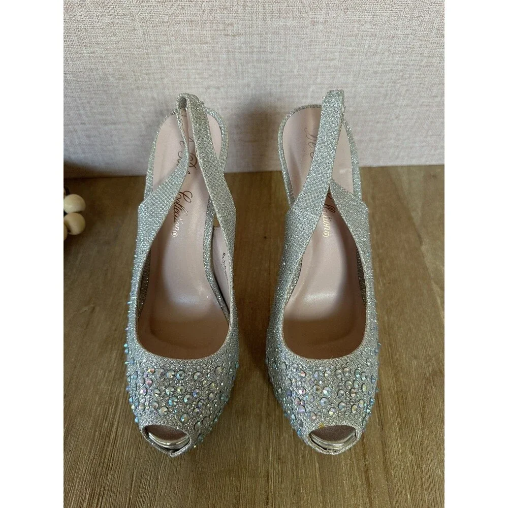 De Blossom Nelson-34 Silver Sparkle Platform Heels Size 7 Peep Toe Slingback - Picture 7 of 9